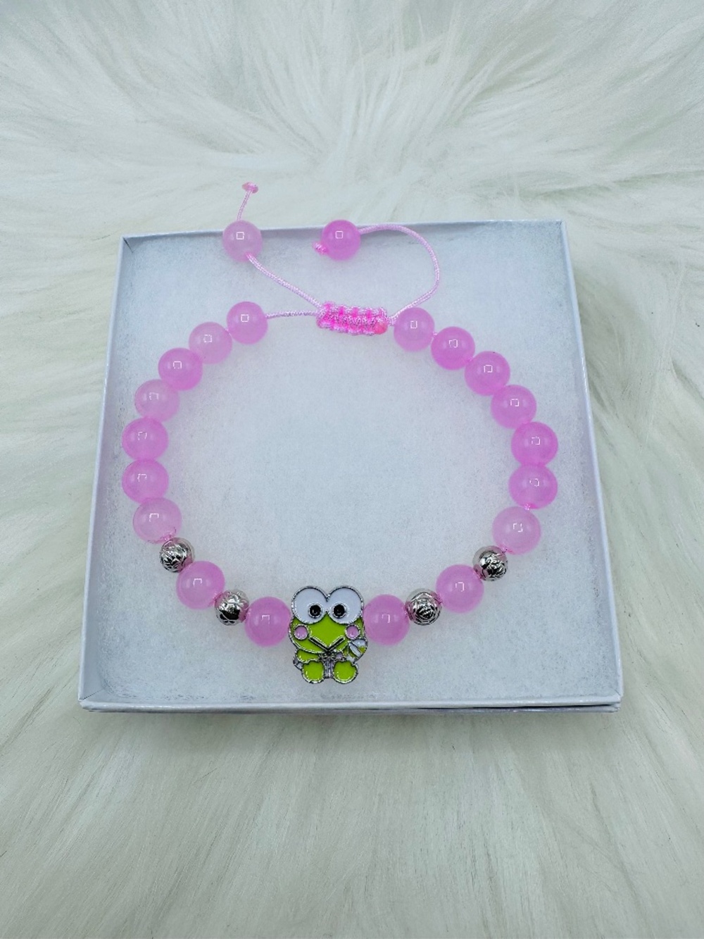 Cute Pink Adjustable Beaded Keroppi Charm Bracelet